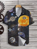 Men's Casual Hawaiian Tropical Shirt with Black Starry Sky and Planetary Element Fun Print - Short Sleeve Button-Up Design, for Summer Outdoor and Casual Wear, Daily Outfits