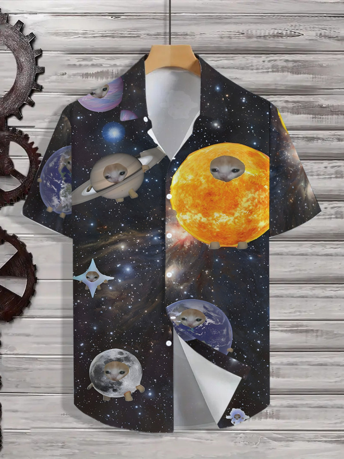 Men's Casual Hawaiian Tropical Shirt with Black Starry Sky and Planetary Element Fun Print - Short Sleeve Button-Up Design, for Summer Outdoor and Casual Wear, Daily Outfits