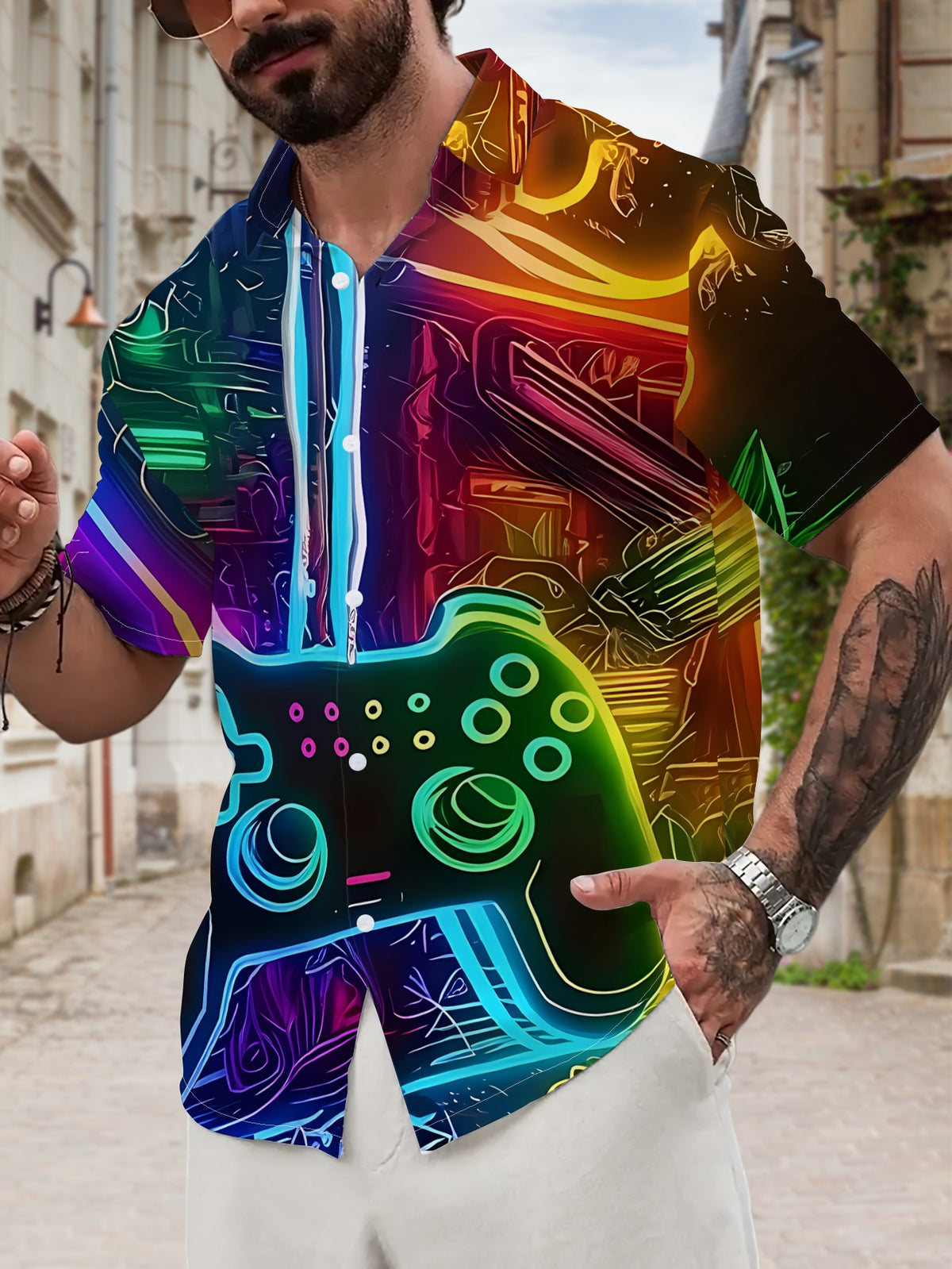 New Men'S Casual Short-Sleeve Shirt Featuring a Neon Game Controller Design, Perfect for Cyber-Themed Parties And Everyday Wear. Made from Machine-Washable Polyester Fabric, This Button-Up Shirt Is Versatile And Stylish