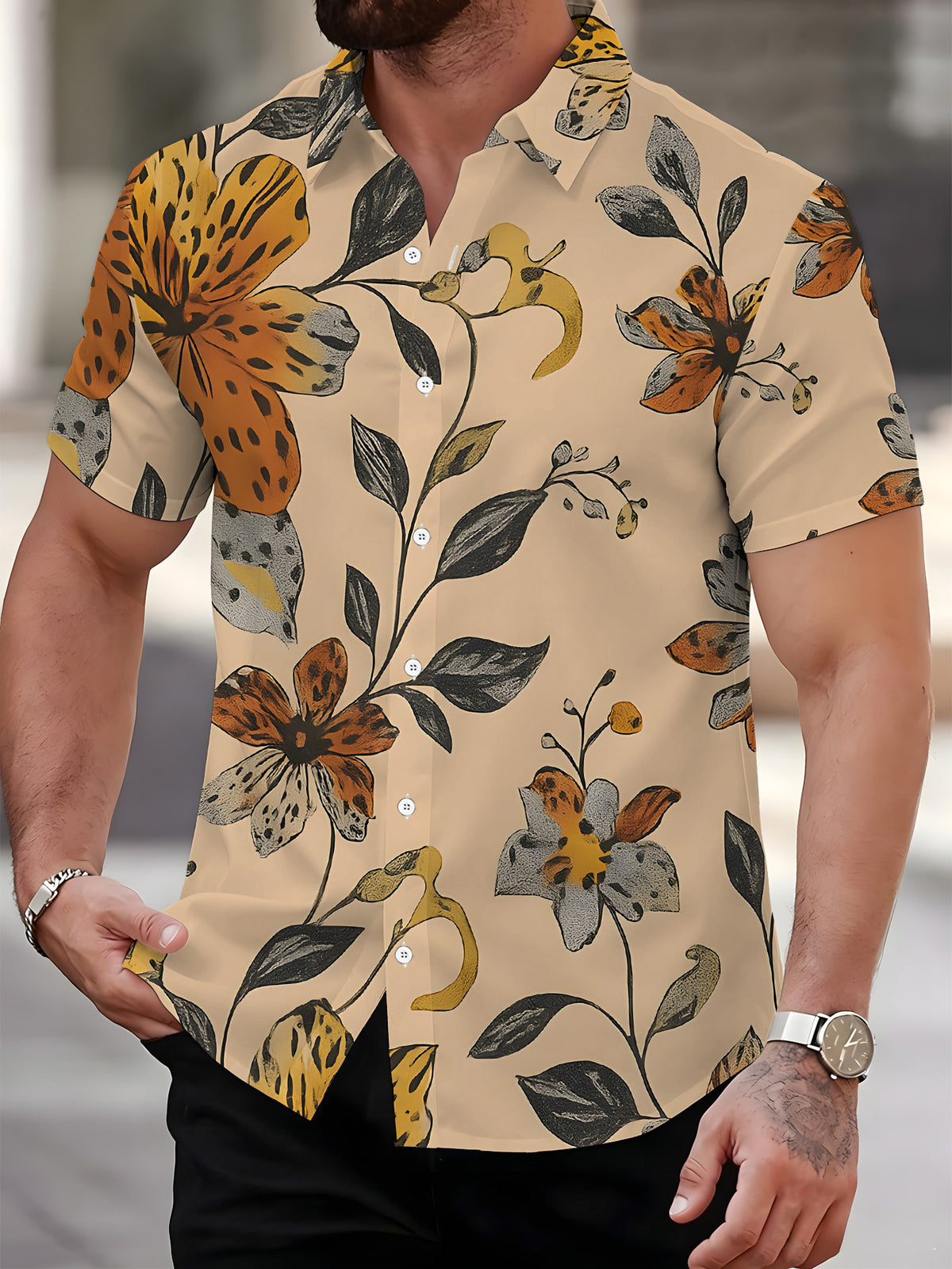 Men's Short-Sleeve Shirt, Floral Pattern, Printed Design, Short Sleeves, Multicolored Flowers, Cool Men's Shirt, Warm Beige Base, Men's Casual Short-Sleeve Shirt, Summer Style