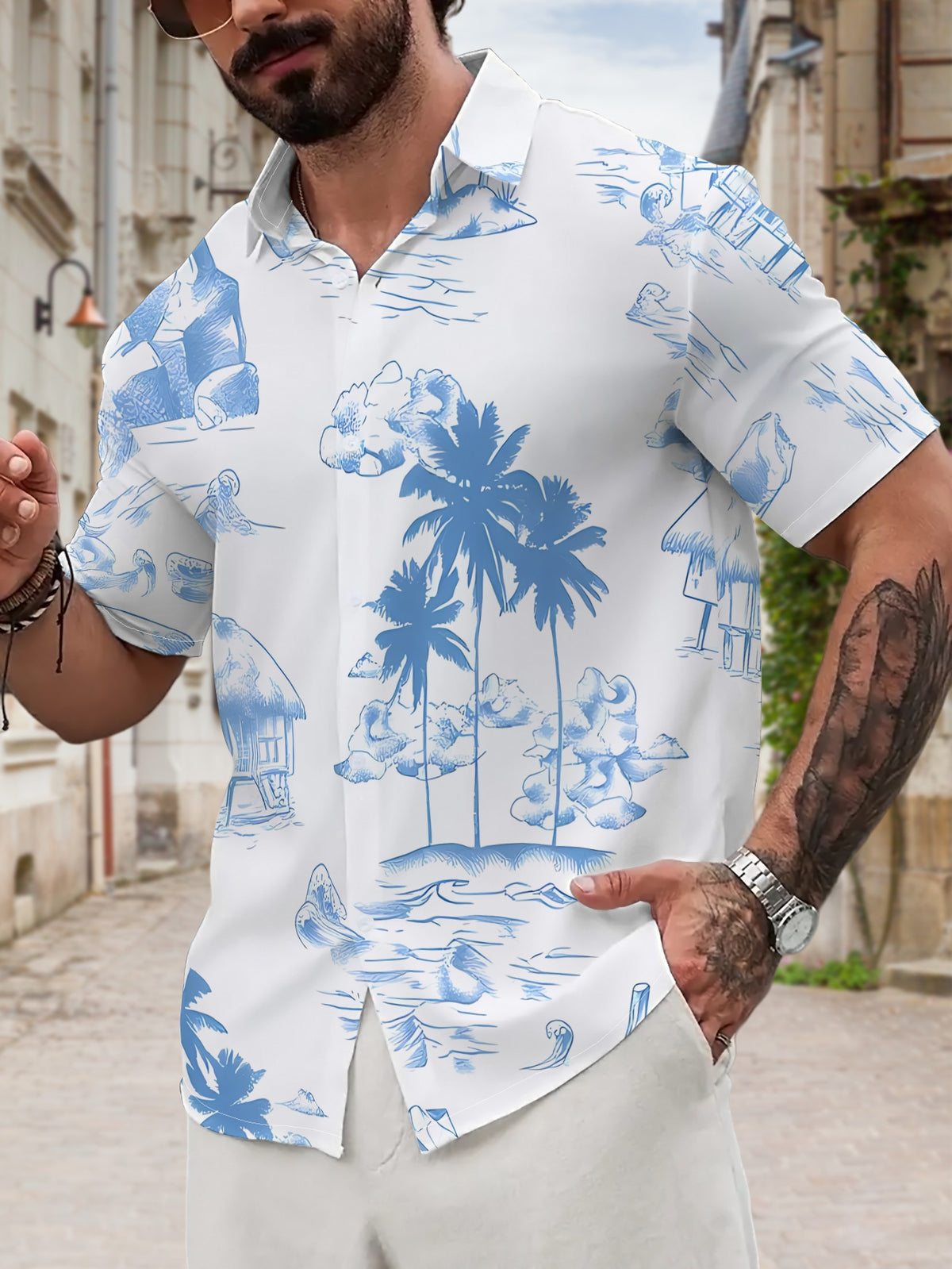New Men's Casual Short-Sleeve Shirt, Blue Island Water House Coconut Wave Print, Vacation Style Repeating Pattern, Versatile Casual Top for Holiday Parties and Commuting, Polyester Fiber Fabric, Machine Washable, Button-Up Printed Shirt