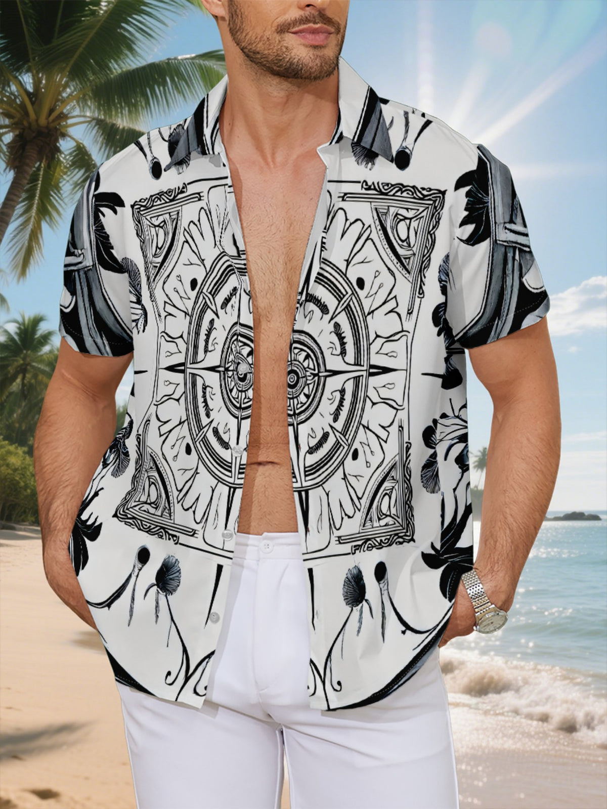 New Men's Casual Short-Sleeve Shirt with Black and White Symmetrical Pattern, Adorned with Floral Compass Elements, Versatile for Holiday Parties and Commuting, Machine-Washable Polyester Fiber Fabric, Button-Up Printed Shirt