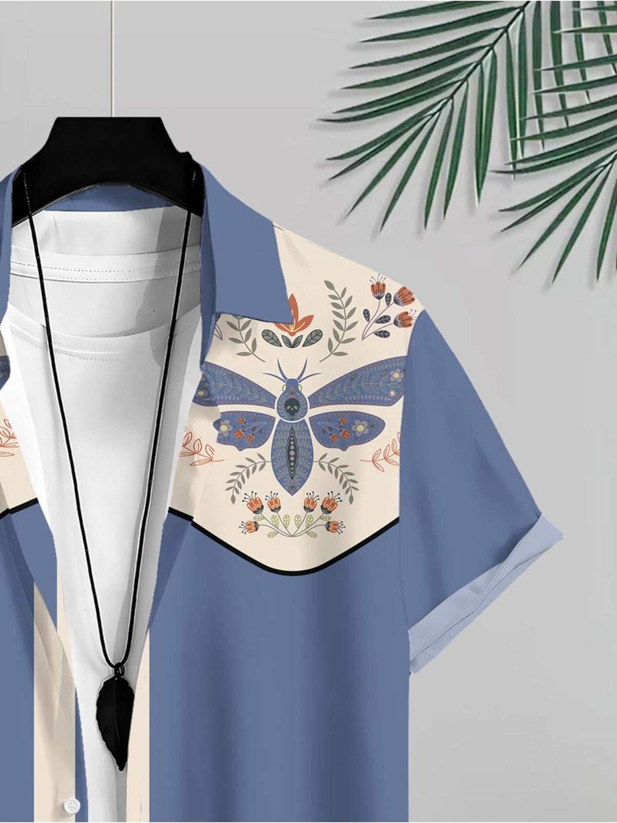 Floral Embroidered Collar Men'S Casual Shirt Butterfly Pattern Beach Summer Wear
