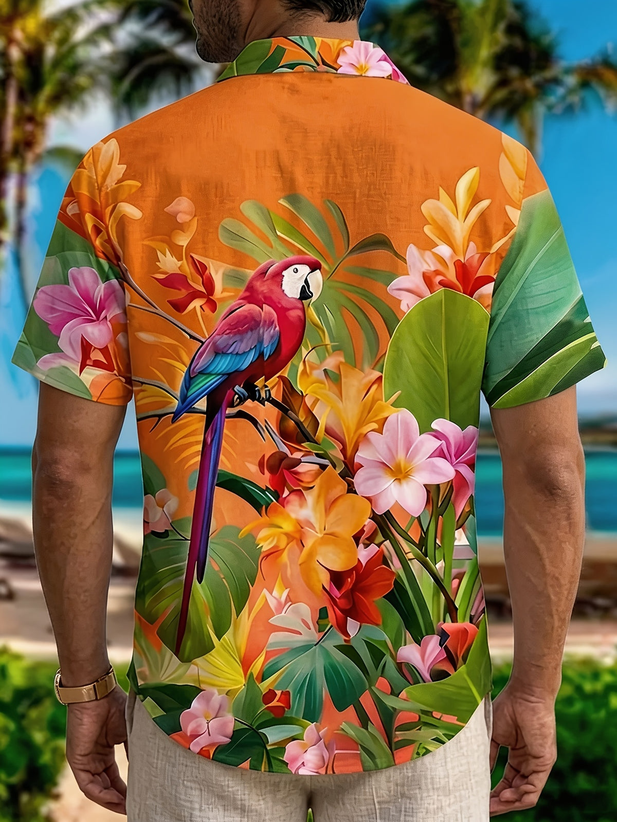 Men's Hawaiian Vacation Shirt - Retro Button-Up Short Sleeve Shirt with Parrot & Floral Print, Plus Size Button Collar Shirt Suitable for Summer Beachwear, Hawaiian Outfits, Machine Washable Button-Front Closure, PLUS SIZE