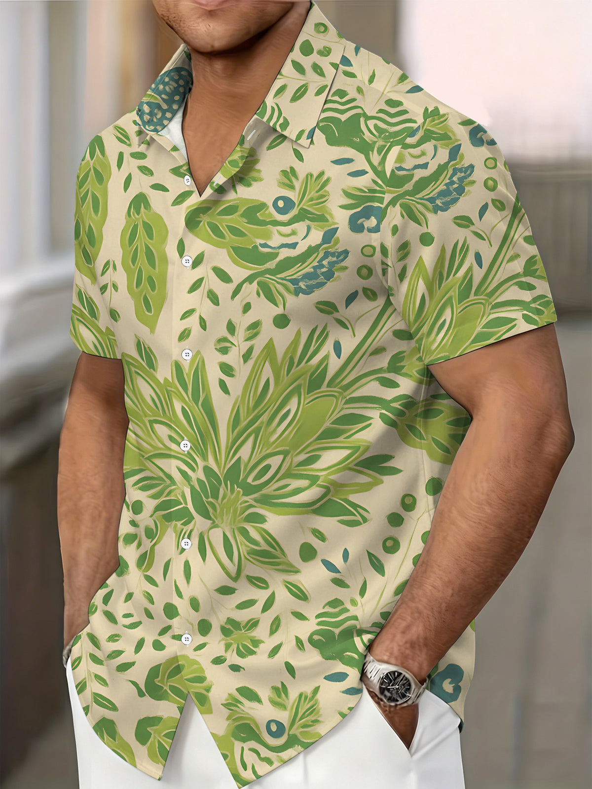 Men'S Short Sleeve Shirt, Fresh Style Men'S Print Shirt Short Sleeve Plant Pattern, Cool Men'S Shirt Men'S Casual Short Sleeve Shirt Summer