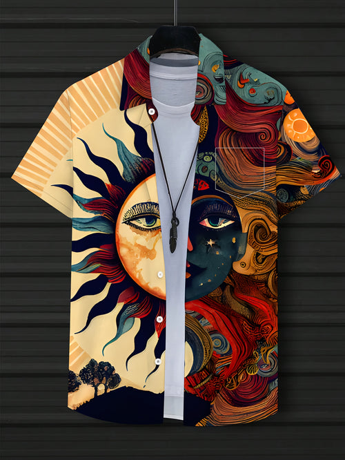 3D Digital Printing Summer Short Sleeve Shirt for Men, Double-Sided Pattern Design, Buttoned, Turn- Collar, Regular Style, Fashionable Sports Casual Vacation Beach Style, Suitable for Daily Wear, Machine Washable Breathable Fabric