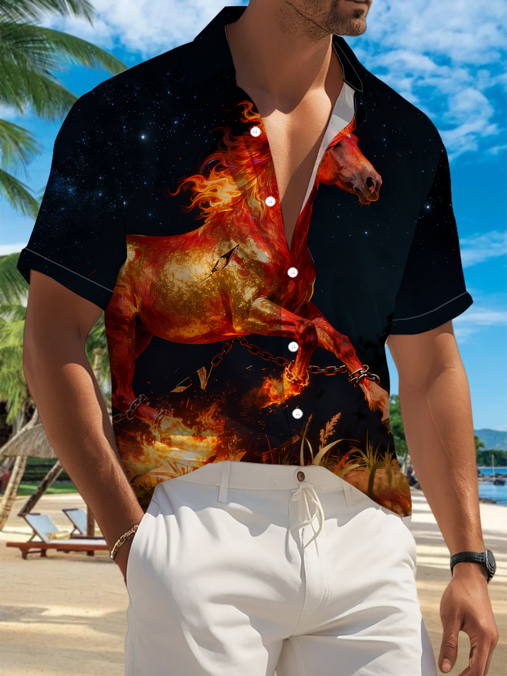 New Men'S Casual Short-Sleeved Shirt, Fiery Horses Under The Starry Night Break Free from Iron Chains And Gallop Through Fire, Versatile for Holiday Gatherings And Commuting, Polyester Fiber Fabric Is Machine Washable, Button- Print Shirt