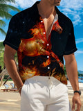 New Men'S Casual Short-Sleeved Shirt, Fiery Horses Under The Starry Night Break Free from Iron Chains And Gallop Through Fire, Versatile for Holiday Gatherings And Commuting, Polyester Fiber Fabric Is Machine Washable, Button- Print Shirt
