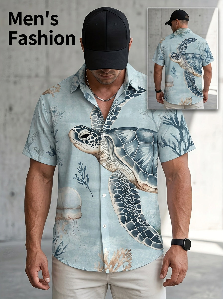 New Men's Simple Hawaiian Jellyfish and Sea Turtle Print Button- Shirt - Lightweight, Summer Vacation and Resort Wear. Suitable for Daily Commutes, Casual Outings, Date Meetings, Friend Gatherings, and Shopping. Easily Handles All Scenarios and Meets