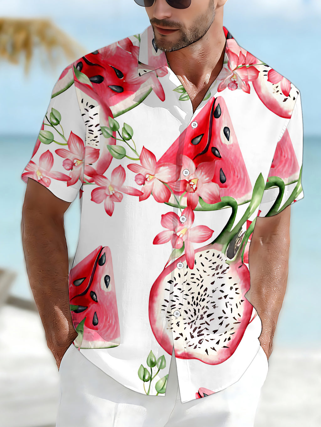 New Men's Casual Shirt with Digital Print, Standard Size, Short Sleeve, Watermelon/Dragon Fruit Floral Watercolor Style, Fashionable and Stylish Dopamine Party Top, Men's Streetwear Printed Trendy Summer Clothing
