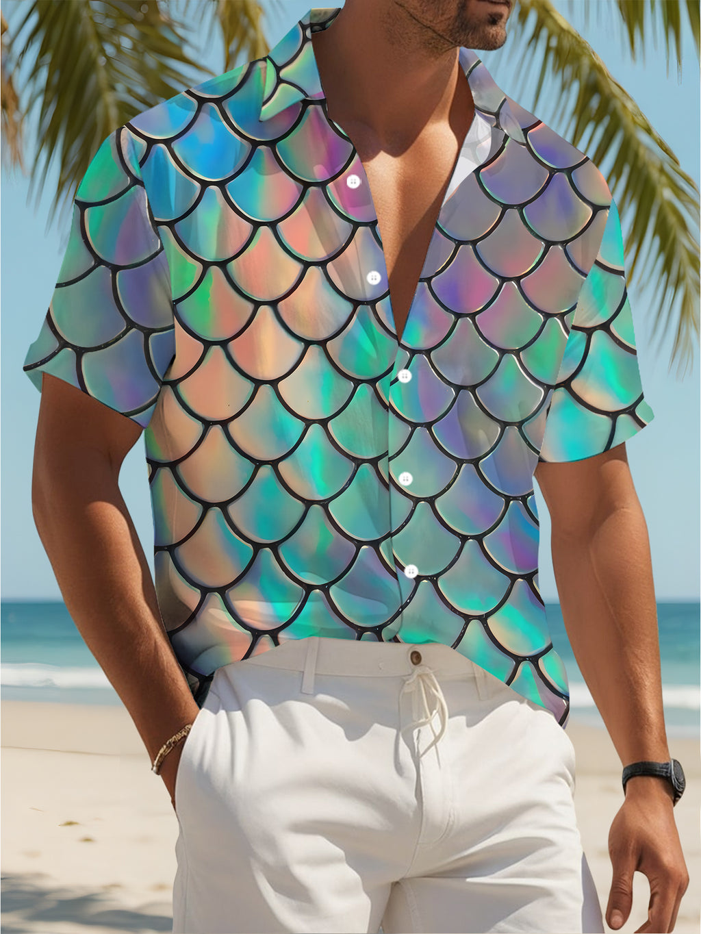 Colorful Mermaid Scale Print Men'S Casual Shirt Summer Beachwear for Him Gift Idea