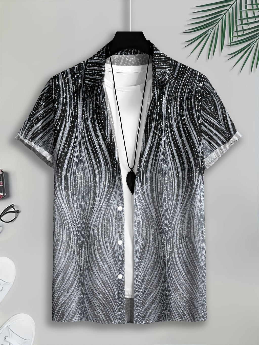 Men'S Casual Shirt, Abstract Wave Pattern Print, Summer Sparkling Texture Design