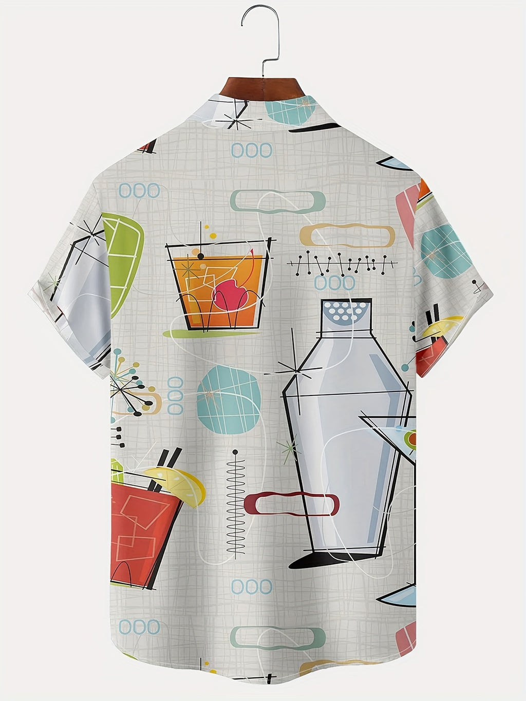 Men'S Vintage 60s Geometric Atomic Cocktail Shirt with Button Pocket, Polyester 100%, Regular Fit, Woven Fabric, Slight Stretch, Summer Season, Lapel Collar, 120g/m² - 0208, Plus Size