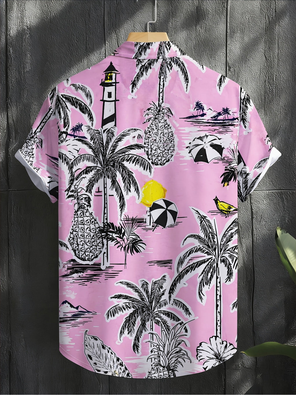 Men'S Summer Cool Print Button-Up Shirt, Pink Background Tropical Style Pattern with Palm Trees, Pineapples, Bananas, Lemons, Lighthouse, Umbrella, Suitable for Summer Casual And Beach Vacation
