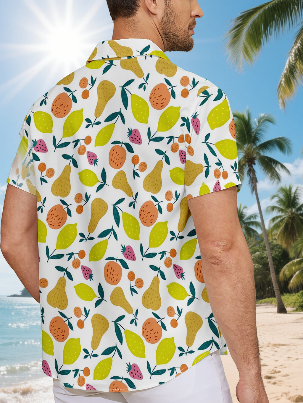 New Men's Summer Fruit Print Short-Sleeve Shirt, Casual Regular Fit Youth Trendy Botanical Pattern, Suitable for Summer Vacations, Daily Versatile Streetwear, Beach Party Outfit, Loose and Comfortable Beach Shirt, Hawaiian Shirt with Fashionable