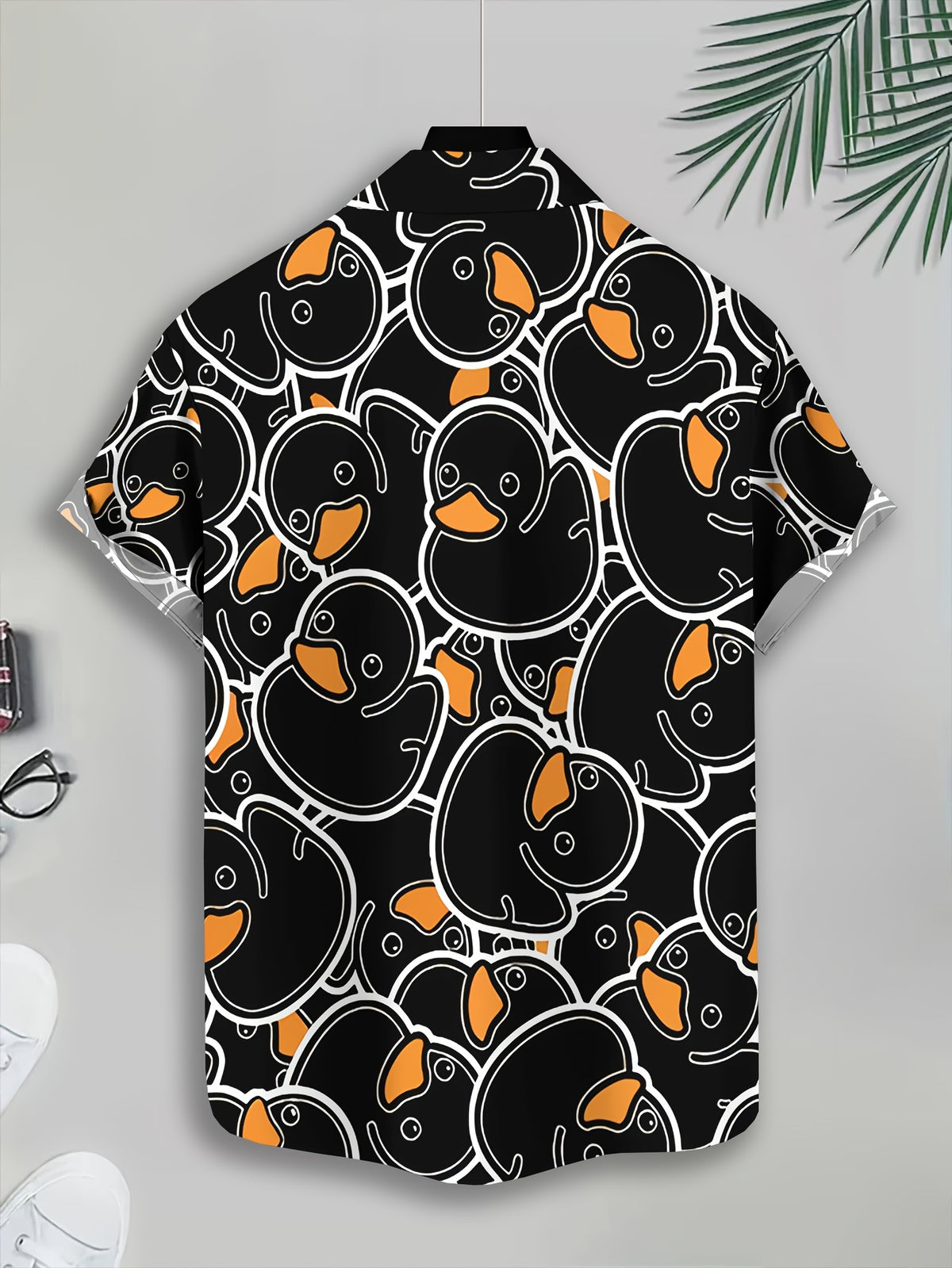 Men's Casual Shirt with Cartoon Duck Print, Summer Fun Pattern on Black Background with Orange Beak