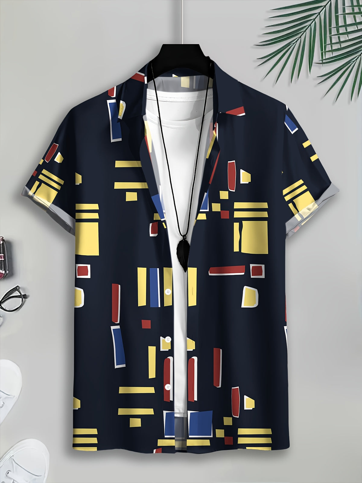 Men's Casual Shirt with Geometric Pattern, Abstract Shapes, and Vibrant Summer Colors