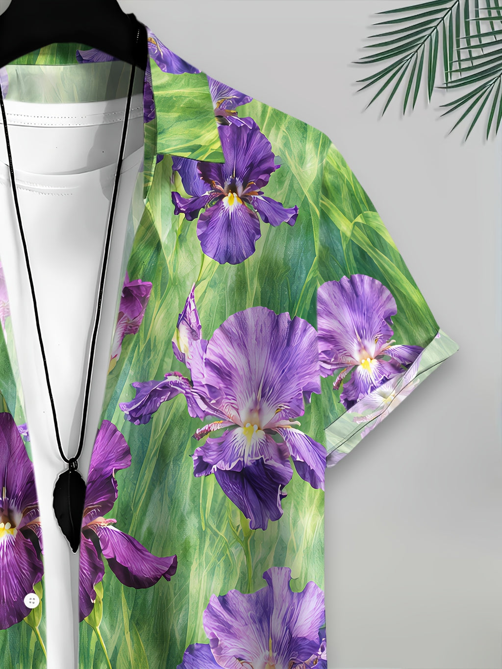 Men's Casual Floral Print Shirt with Vibrant Natural Summer Iris Design in Purple