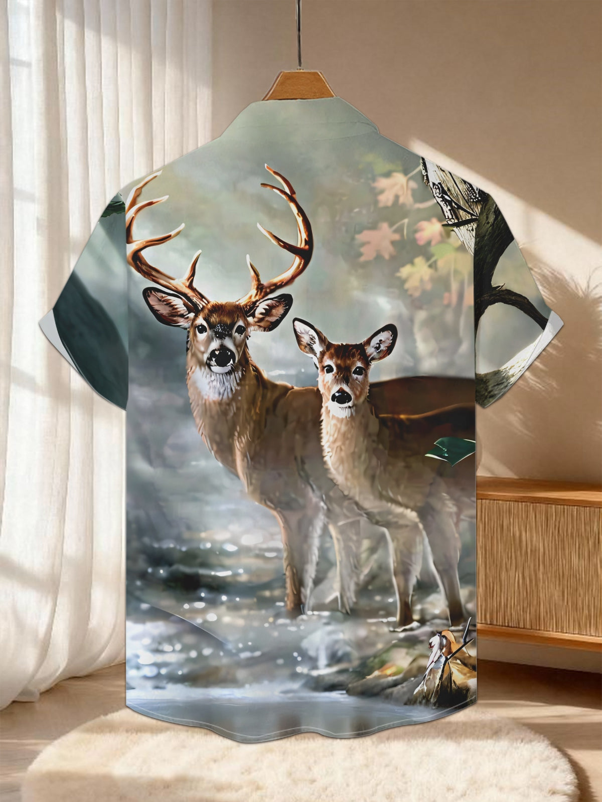 New Men's Casual Short-Sleeve Shirt - Misty Forest Stream with Two Deer Resting, Versatile for Festivals, Gatherings, and Commuting, Polyester Fabric, Machine Washable, Button- Printed Shirt