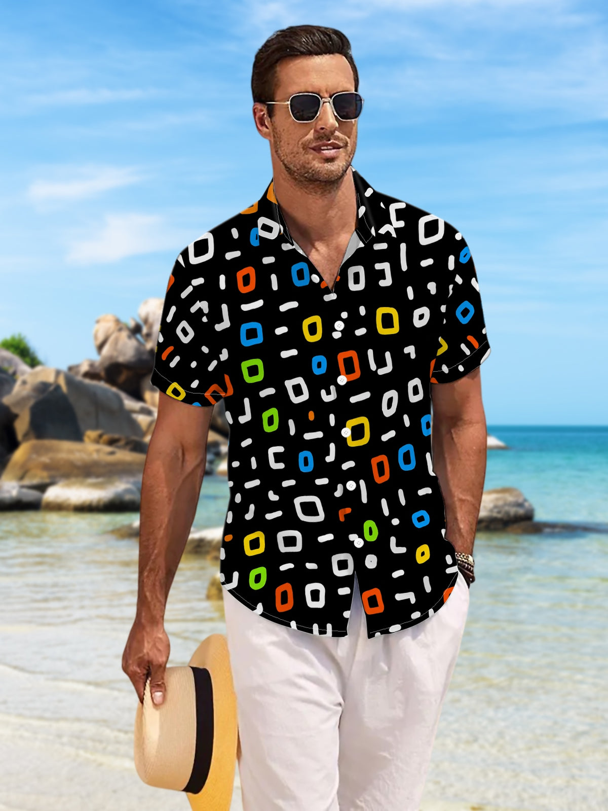 New Men'S Casual Short Sleeve Shirt, Black Background with Colorful White Irregular Short Lines, Festive Gathering Commute All-Match, Polyester Fabric Machine Washable, Button-Print Shirt