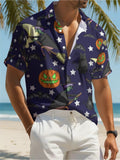 Men'S Navy Blue Cartoon Witch, Pumpkin, Black Cat, Bat, And Star Print Hawaiian Shirt, Turn- Collar Short Sleeve Buttoned Beach Vacation Shirt, Casual Turn- Collar Top for Young Men'S Halloween Party