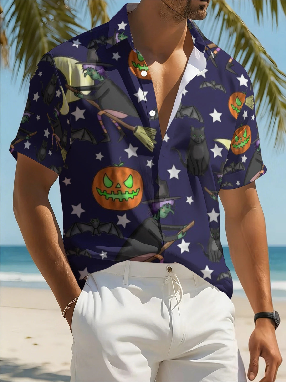 Men'S Navy Blue Cartoon Witch, Pumpkin, Black Cat, Bat, And Star Print Hawaiian Shirt, Turn- Collar Short Sleeve Buttoned Beach Vacation Shirt, Casual Turn- Collar Top for Young Men'S Halloween Party