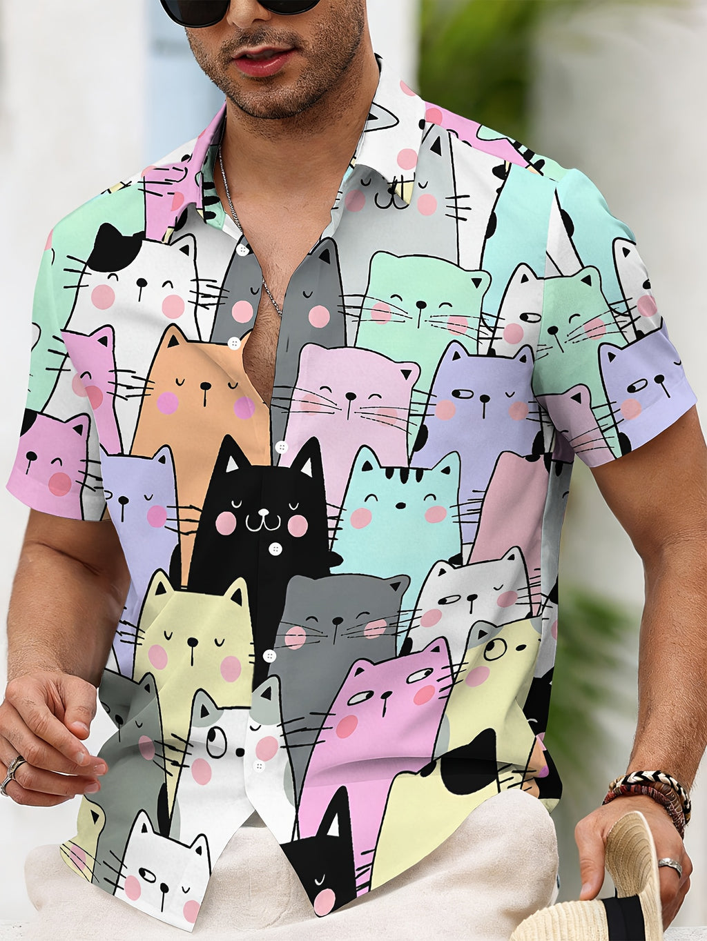 Casual Style Men's Casual Shirt Print Colorful Cats Pattern Summer Cute Kawaii Cat Faces Design