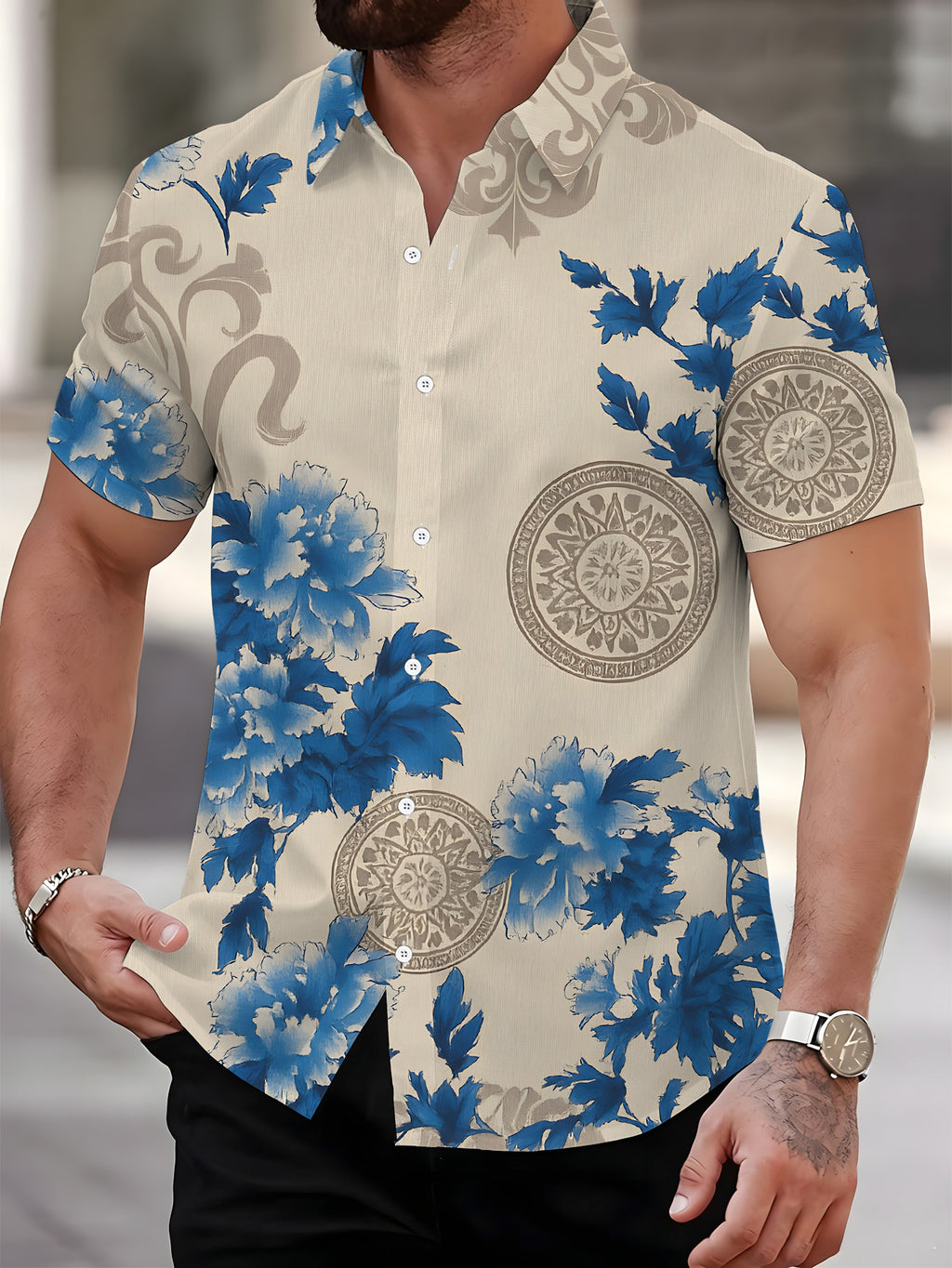 Men's Short-Sleeve Shirt with Blue Floral Elegant Style, Printed Shirt with Chinese Floral Pattern, Cool Short-Sleeve Shirt for Men, Beige-Blue Elegant Color, Men's Casual Short-Sleeve Shirt for Summer