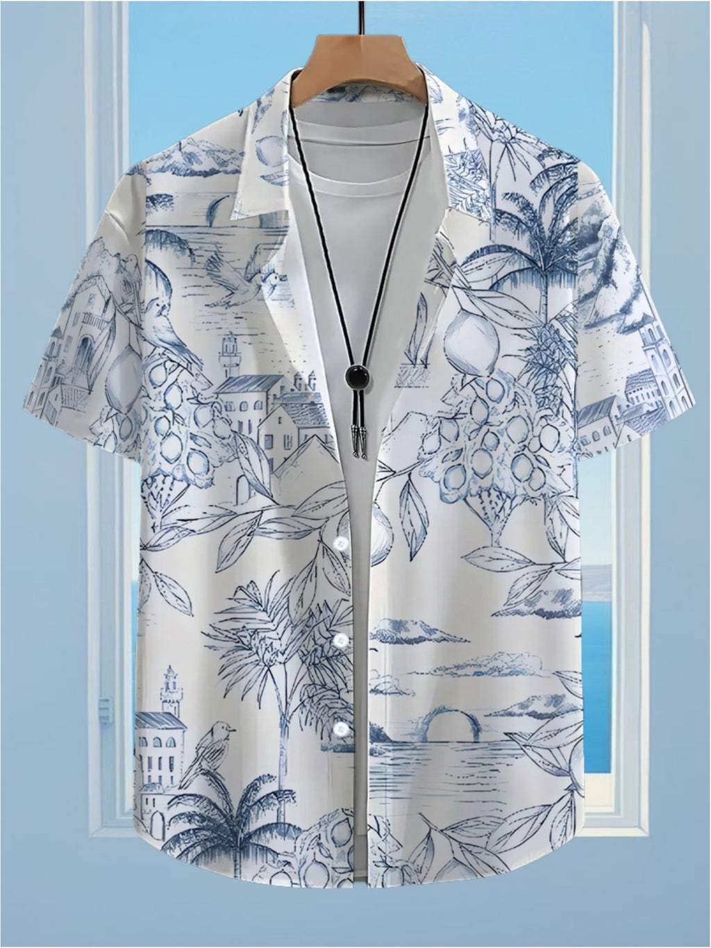 New Men'S Casual Blue Print Shirt, Regular Fit with Collar, Button-Front Closure, Suitable for Holidays And Outdoor Outings, Ideal for Daily Commute, Casual Outings, Dates, Friend Gatherings, And Shopping