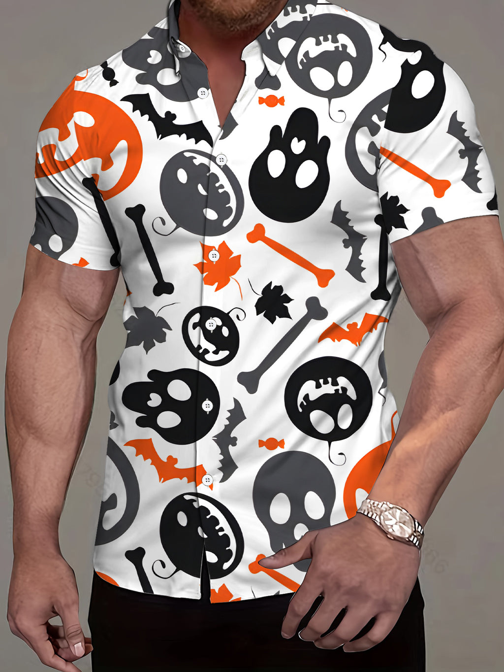 Men's Gothic Short-Sleeve Button-Up Shirt - Skull & Bat Print Collar, Structured Button-Front Top, Machine Washable Suitable for Summer Parties, Streetwear, Themed Events - Durable Casual Shirt for Year-Round Wear