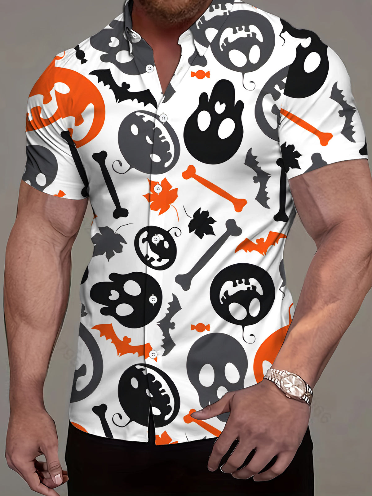 Men's Gothic Short-Sleeve Button-Up Shirt - Skull & Bat Print Collar, Structured Button-Front Top, Machine Washable Suitable for Summer Parties, Streetwear, Themed Events - Durable Casual Shirt for Year-Round Wear