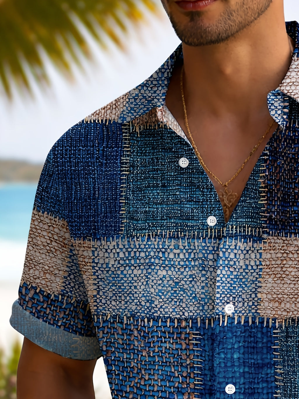 Vintage Geometric Faux Denim Color Block Patch Print Men'S Button Short Sleeve Hawaiian Shirt