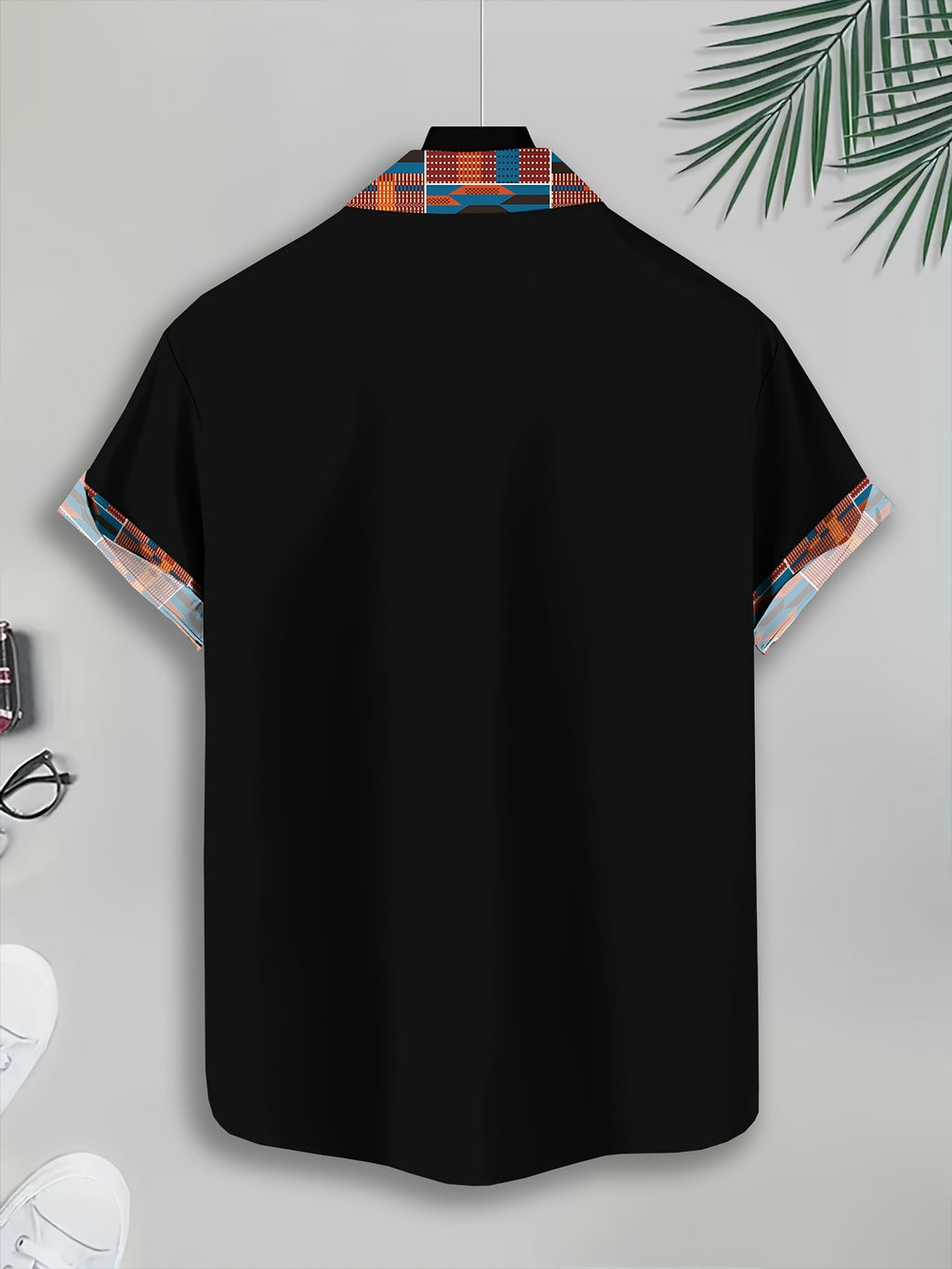 Fashion Casual Style Men'S Casual Shirt, Printed Pattern, Blue And Orange Geometric Design, Summer, Traditional African Tribal Elements, Fashion Casual Short-Sleeve Shirt