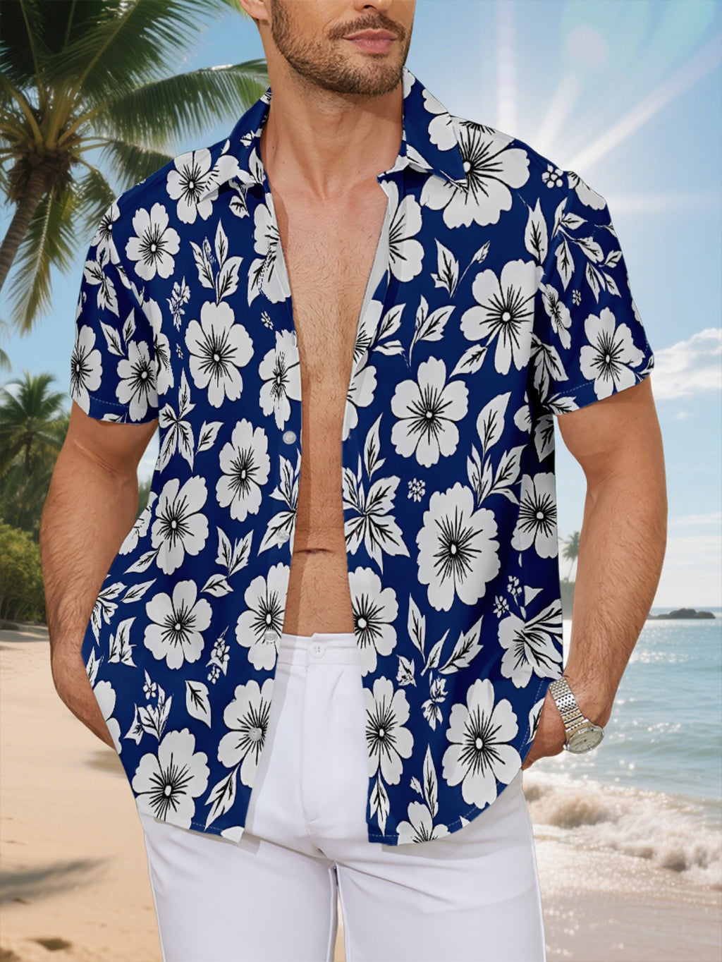 New Men'S Casual Short-Sleeve Shirt with a Blue Background And White Floral Patterns, Featuring a Dense And Uniform Layout, Suitable for Holiday Gatherings, Commuting, And Casual Wear. Made from Machine-Washable Polyester Fabric