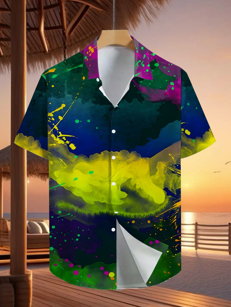 Hawaiian Colorful Pattern Print Men's Casual Shirt - Short Sleeve Button Design, Vibrant Colors, Summer Outdoor and Casual Wear, Machine Washable