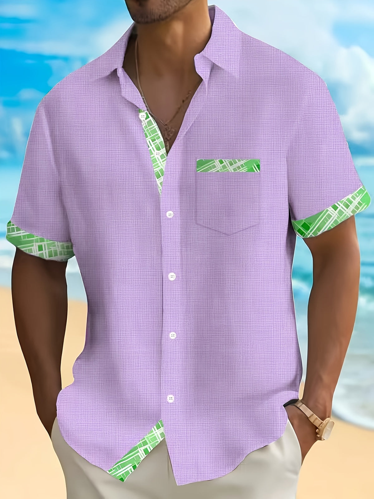 Basic Geometric Plaid Print Men's Plus Size Button Pocket Short Sleeve Turn- Collar Shirt