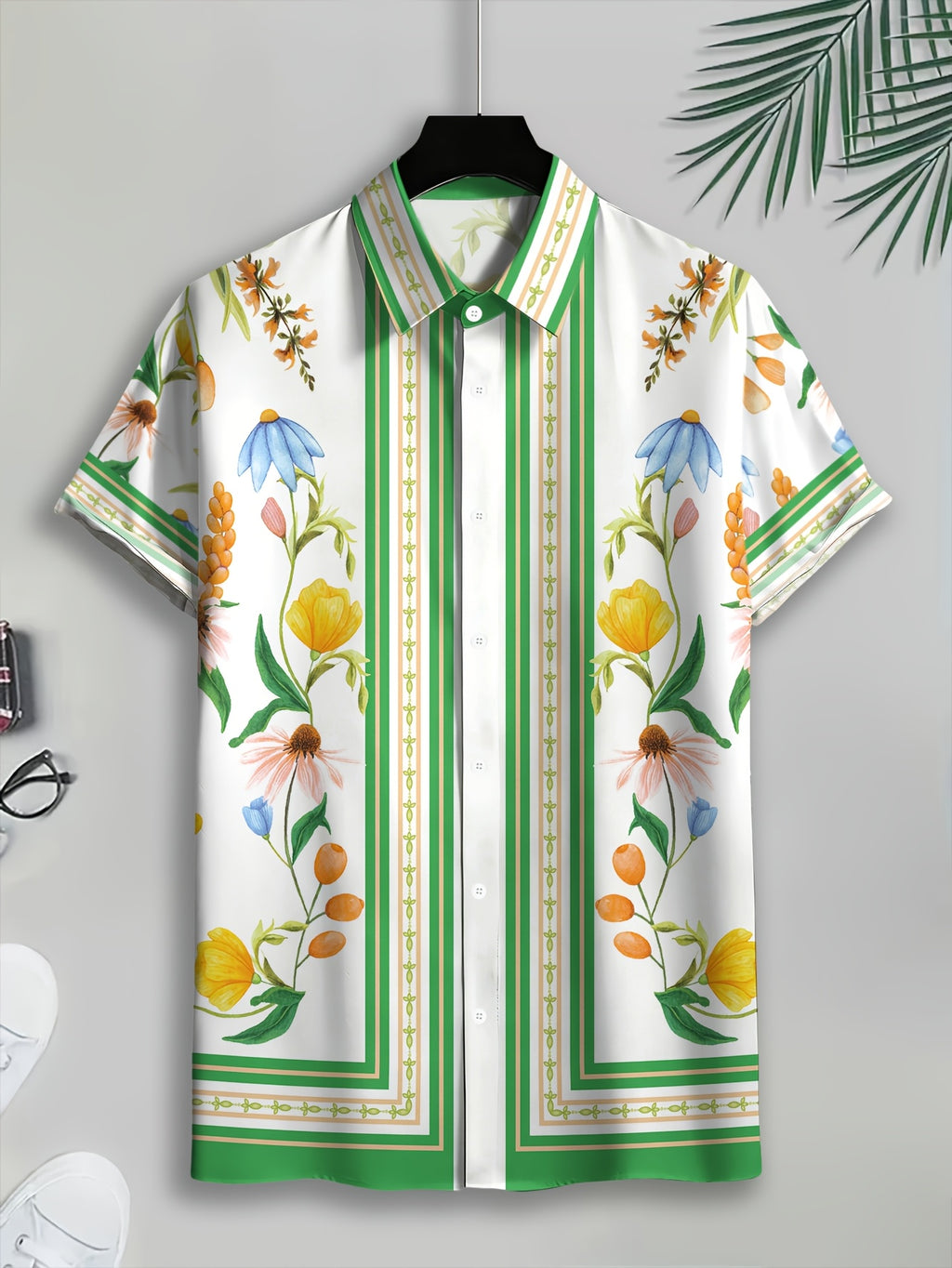 Tropical Style Men's Casual Shirt with White and Green Floral Prints, Summer Fresh Natural Plant Elements, Fashionable Casual Short-Sleeve Shirt