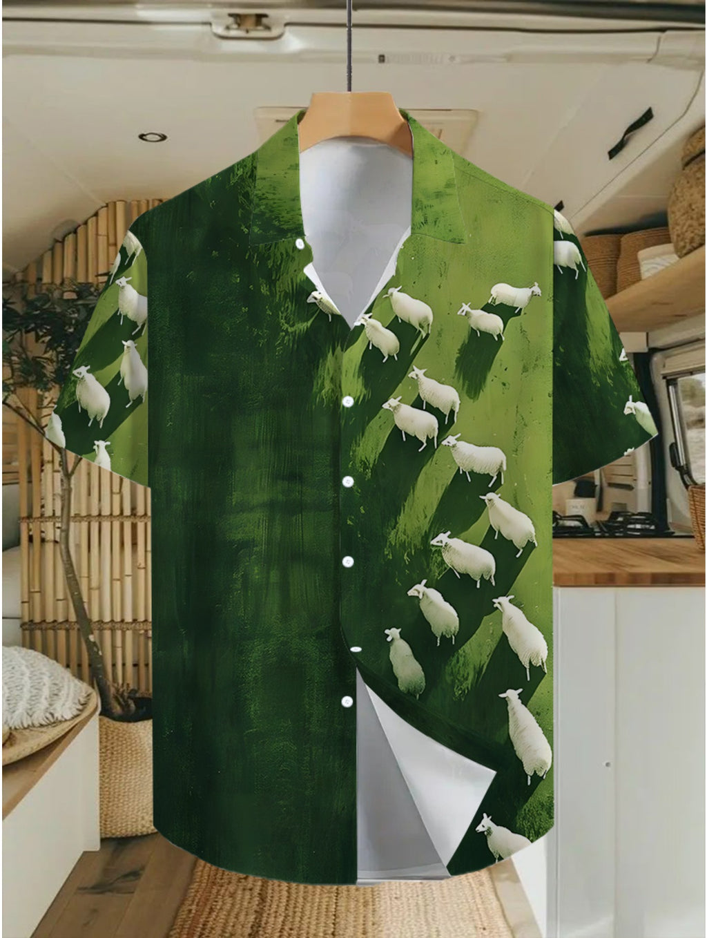 Men'S Casual Shirt with a Hawaiian Tropical Green Gradient Pattern - Short Sleeve Button Design, Suitable for Outdoor And Leisure Wear in Summer