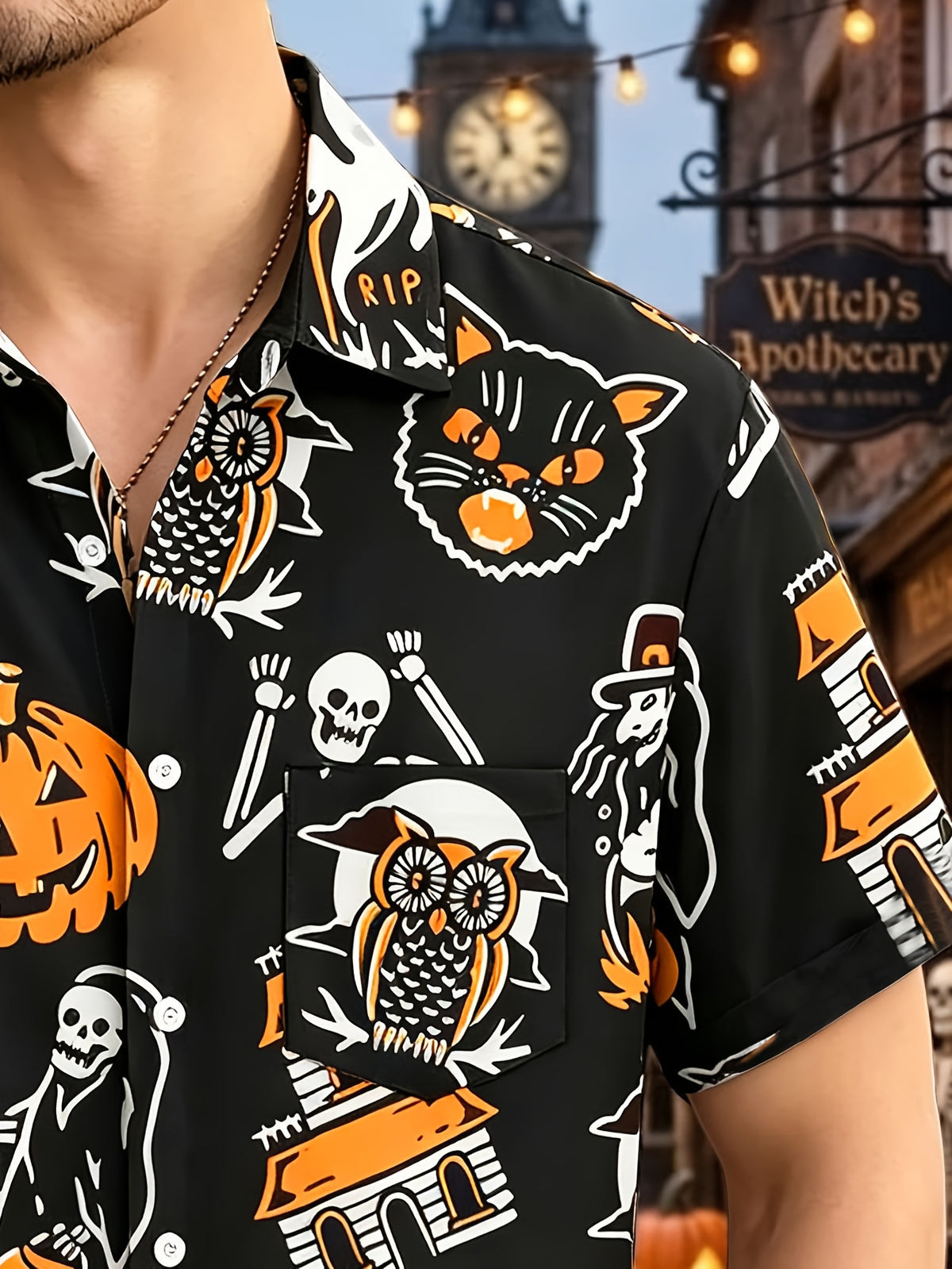 Halloween Pattern Print Men's Plus Size Holiday Short Sleeve Shirt, PLUS SIZE