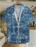 Fashion Water Ripple Pattern Print Shirt, Tropical Hawaiian Shirt - Short Sleeve, Casual Button- Men's Shirt, Lightweight Polyester for Summer Adventures