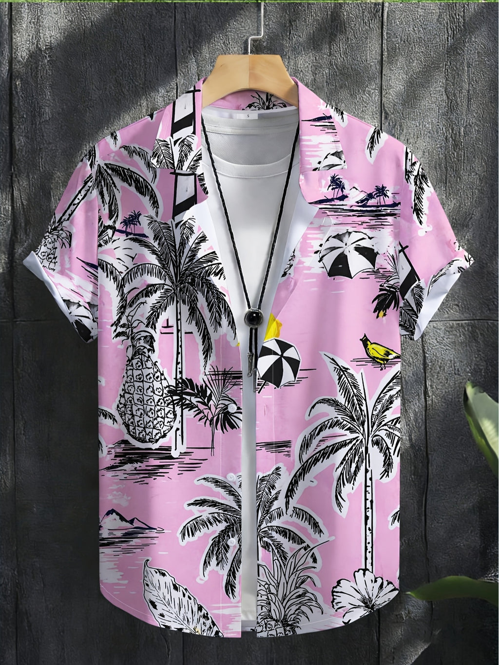 Men'S Summer Cool Print Button-Up Shirt, Pink Background Tropical Style Pattern with Palm Trees, Pineapples, Bananas, Lemons, Lighthouse, Umbrella, Suitable for Summer Casual And Beach Vacation