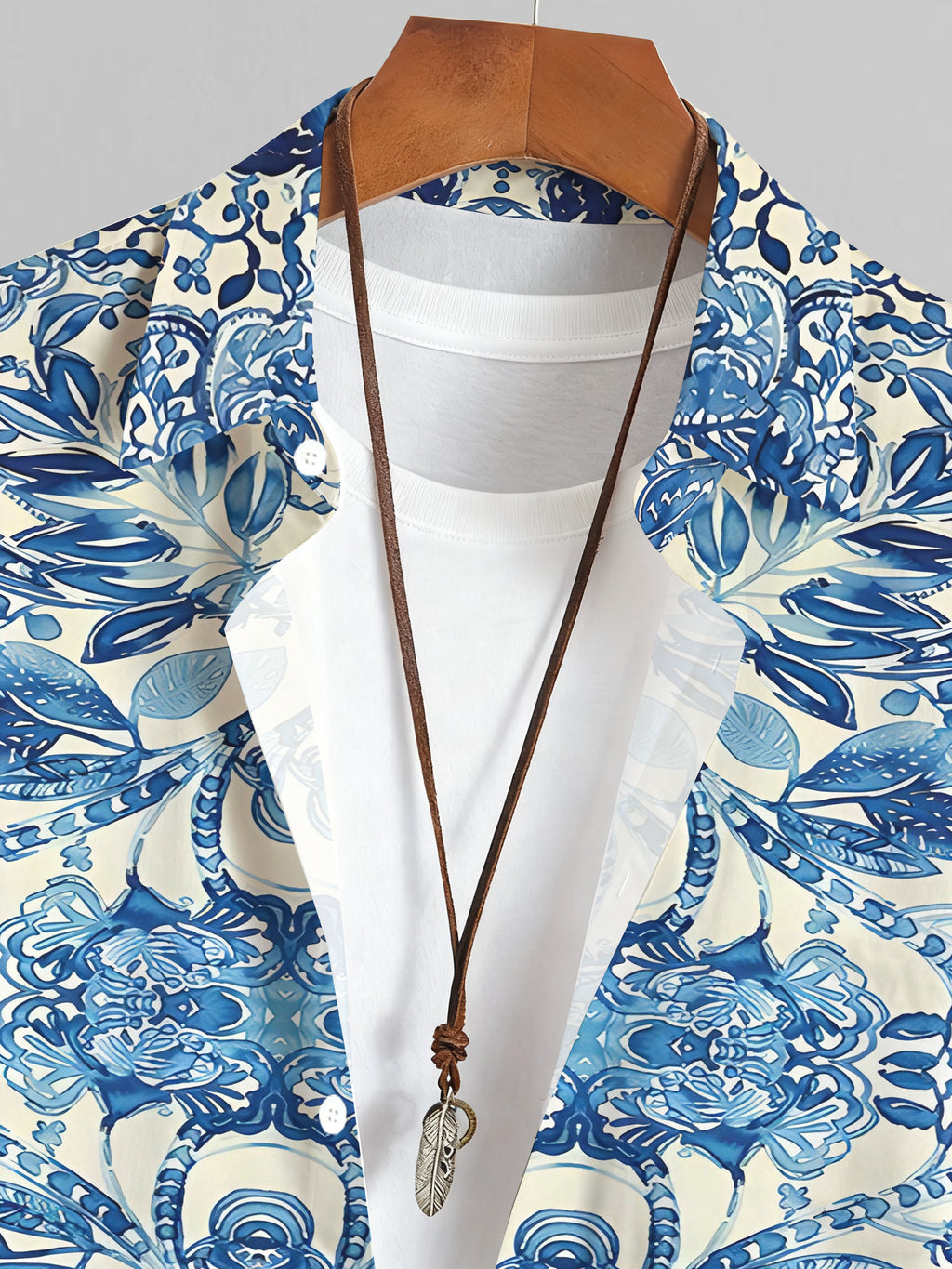 Hawaii Blue Leaves And Flower Print Men'S Casual Shirt - Short-Sleeved Button Design, Bright Colors, Summer Outdoor And Casual Wear, Machine Washable