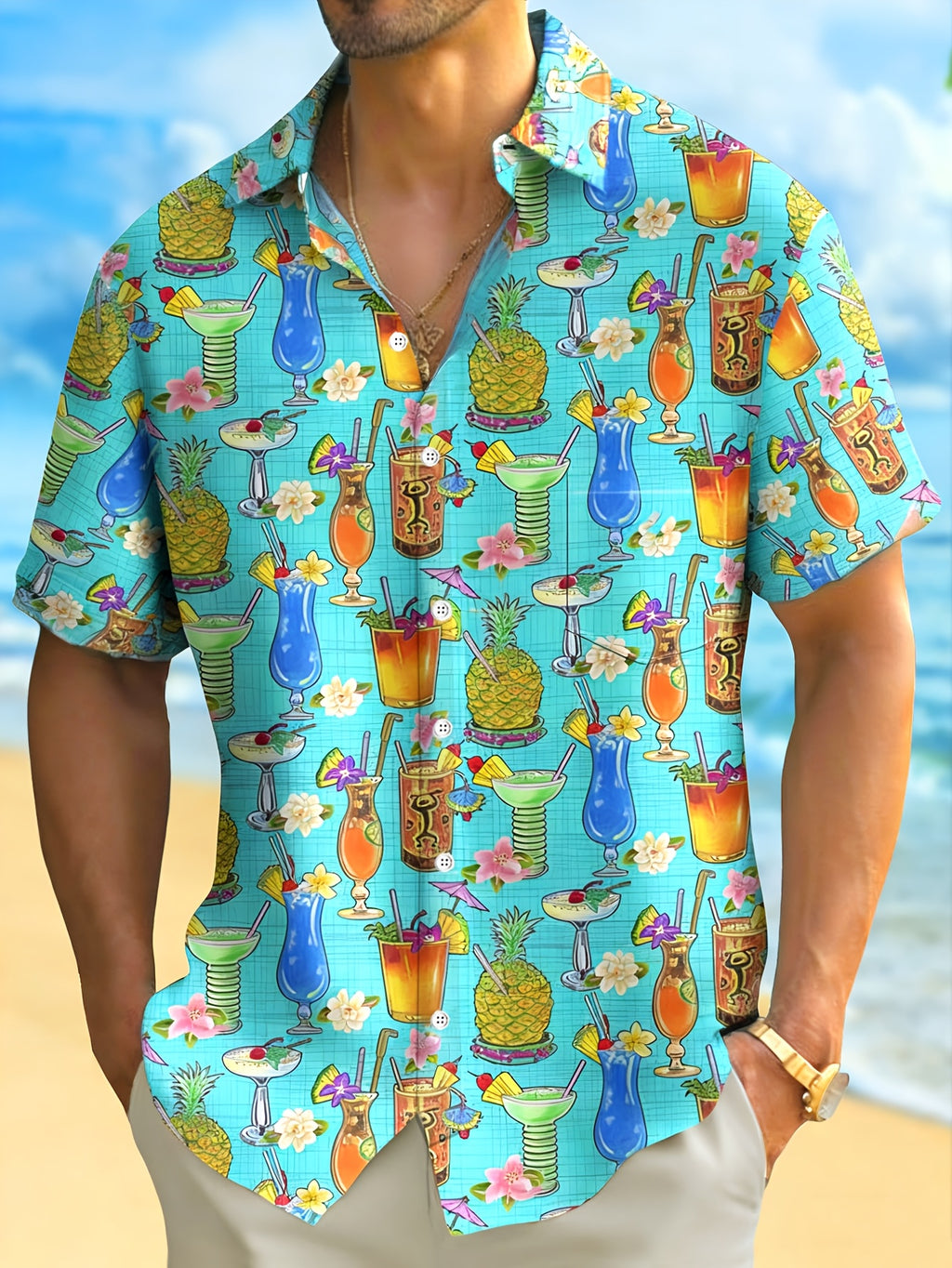 Hawaiian Tiki Drink Print Men's Button- Short Sleeve Shirt Vacation Shirt, PLUS SIZE