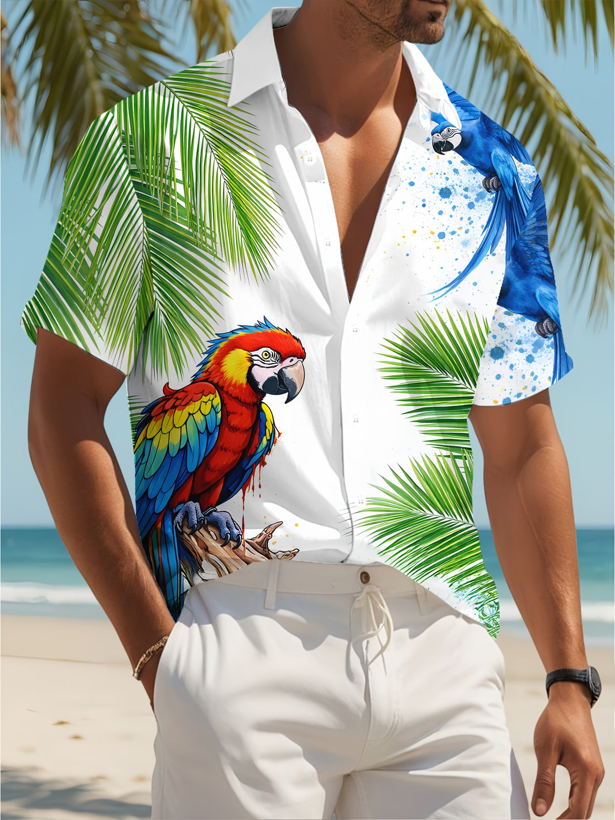 Men's Casual Shirt with Tropical Parrots and Palm Leaves Print, Bright Summer Colors