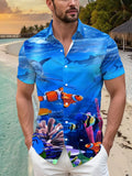 Men's Hawaiian Short-Sleeve Button-Up Shirt - Loose Fit Collar with Full-Body Tropical Fish & Hibiscus Print, Button Front Placket - Lightweight for Beach Vacation, Summer Outdoor Wear (Suitable for Hawaiian Luau)