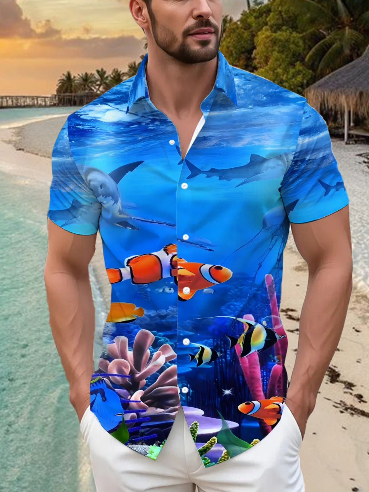 Men's Hawaiian Short-Sleeve Button-Up Shirt - Loose Fit Collar with Full-Body Tropical Fish & Hibiscus Print, Button Front Placket - Lightweight for Beach Vacation, Summer Outdoor Wear (Suitable for Hawaiian Luau)