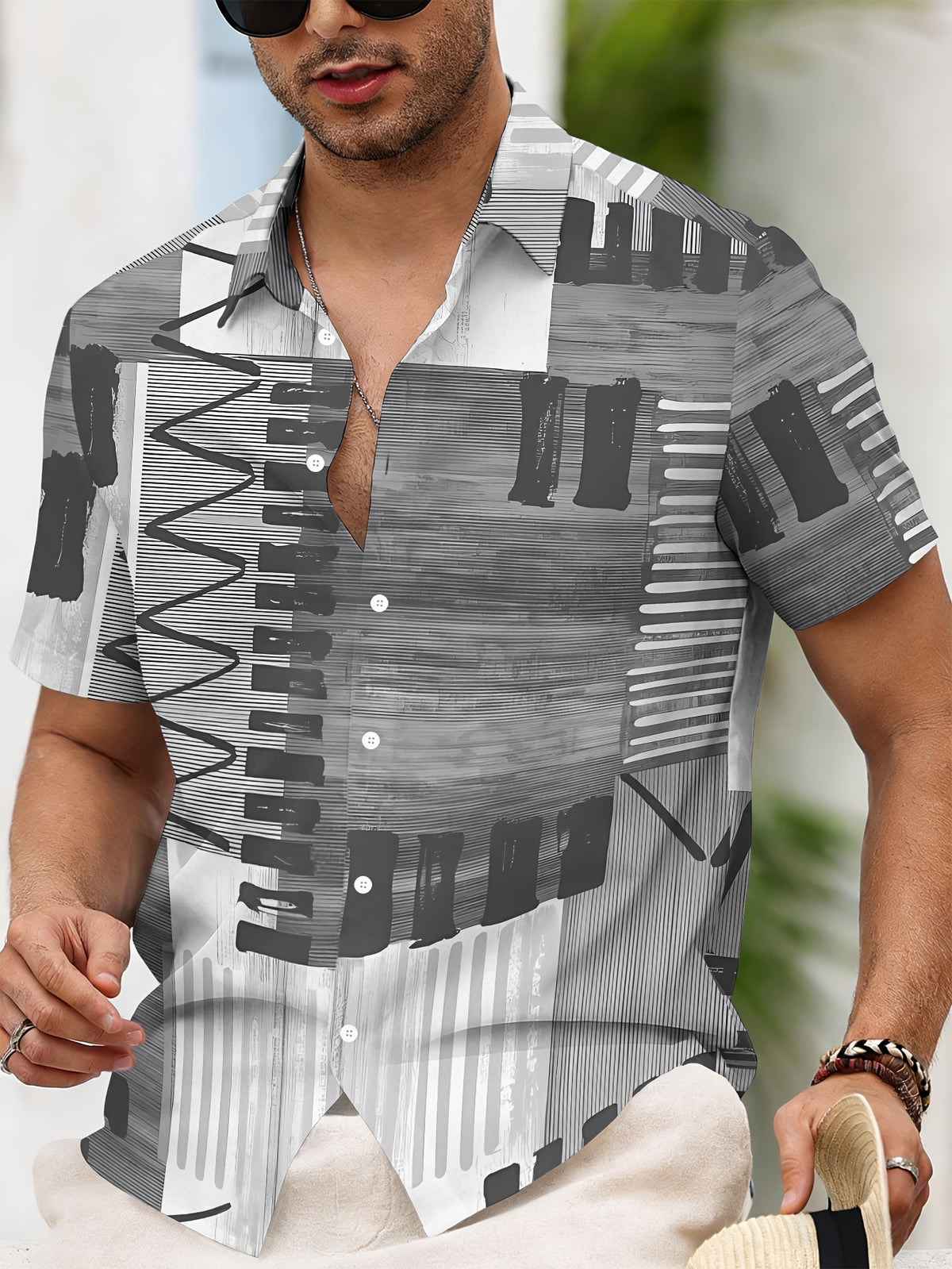 Geometric Abstract Pattern Men'S Casual Shirt Summer Black And White Stripes And Lines Design