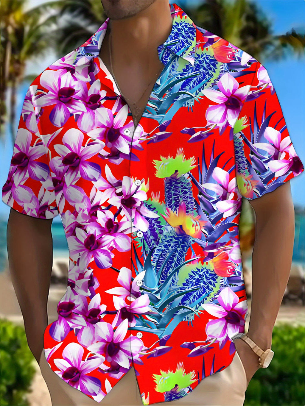 New Men's Casual Short-Sleeve Shirt - Purple Orchid and Pineapple Tropical Print, Red Base with Classic Collar Design, for Summer Beach Vacations and Daily Wear