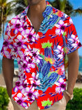 New Men's Casual Short-Sleeve Shirt - Purple Orchid and Pineapple Tropical Print, Red Base with Classic Collar Design, for Summer Beach Vacations and Daily Wear