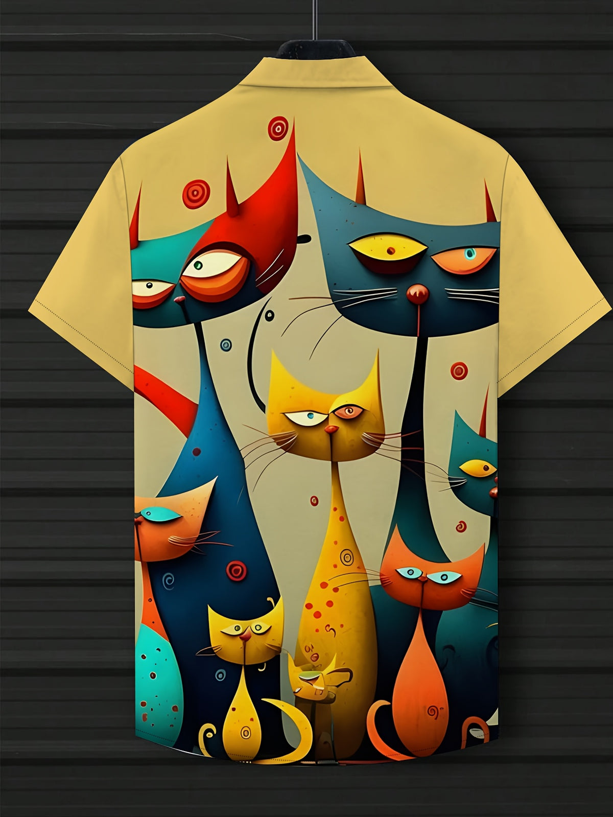 [Printed Design - Not Texture] Men'S Short Sleeve Shirt, Cartoon Cat Theme Pattern, Button-Up, Regular Fit, Fashionable Casual Vacation Beach Style, Machine Washable Breathable Fabric, Plus Size